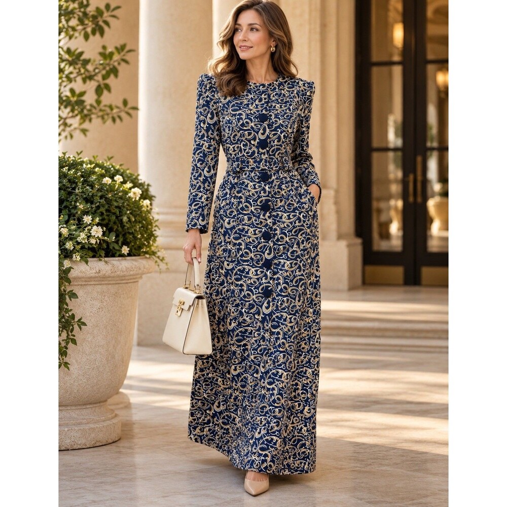 Talbots 100% Silk Paisley Maxy Dress Navy Blue Gold Vintage Size 16